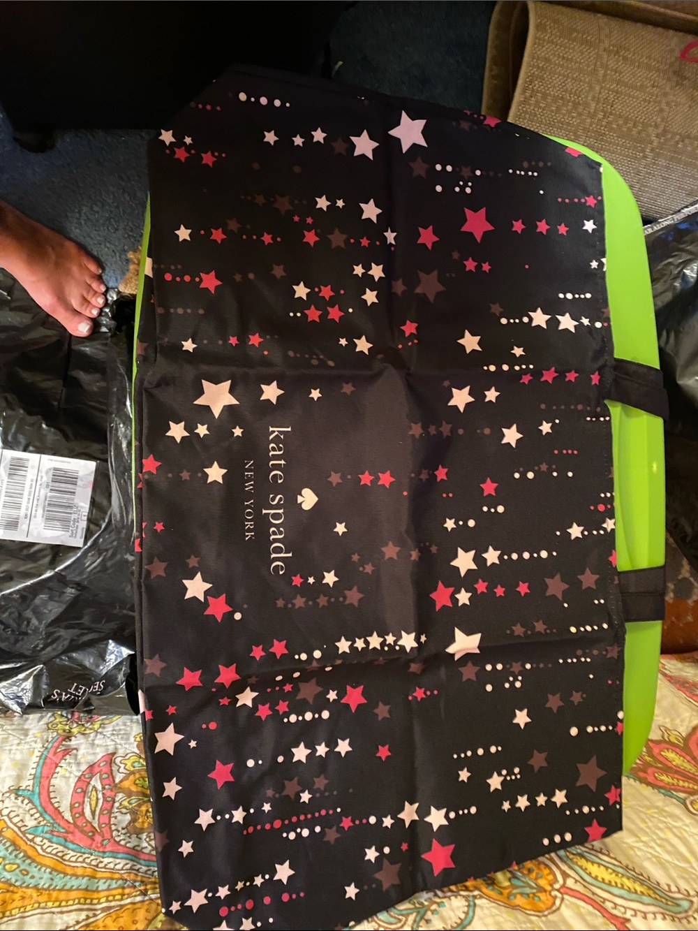 kate spade Black Garment Bag with Pink & Cream Star Print